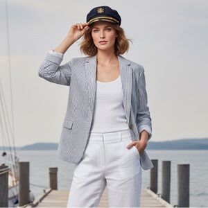 Jones New York Jones & Co Seersucker Pinstripe One-Button Blazer XL Nautical